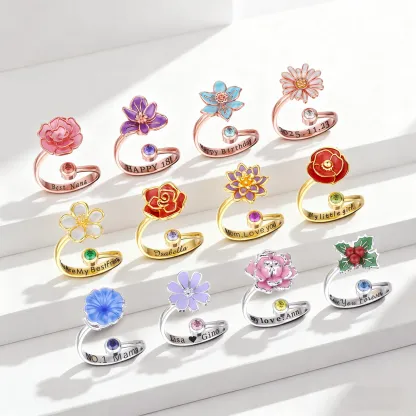 Whirling Blooms Collection Custom Spinning Birth Flower Open Twist Ring with Birthstone