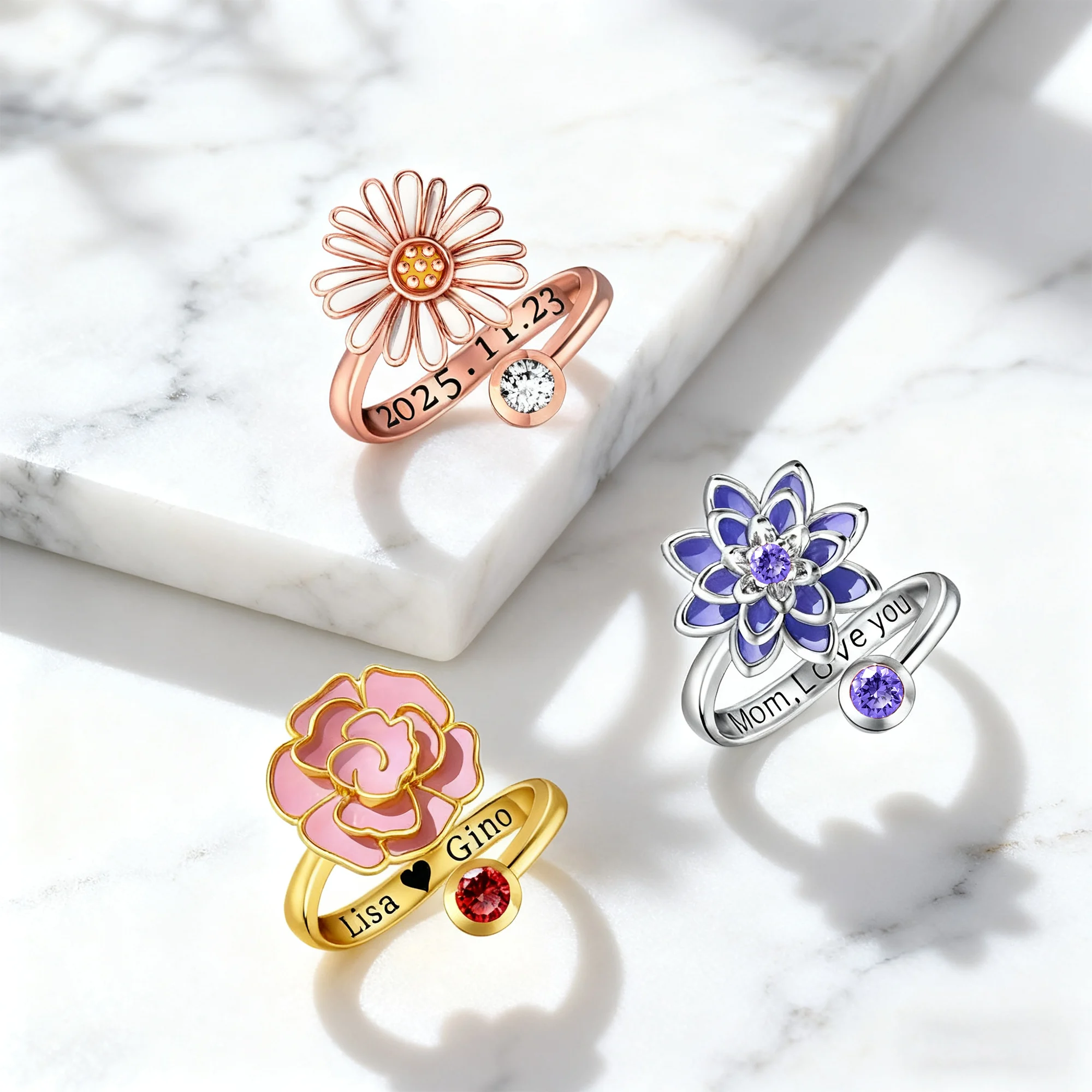 Whirling Blooms Collection Custom Spinning Birth Flower Open Twist Ring with Birthstone