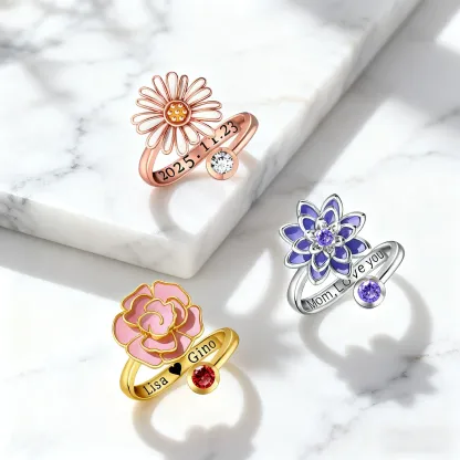 Whirling Blooms Collection Custom Spinning Birth Flower Open Twist Ring with Birthstone
