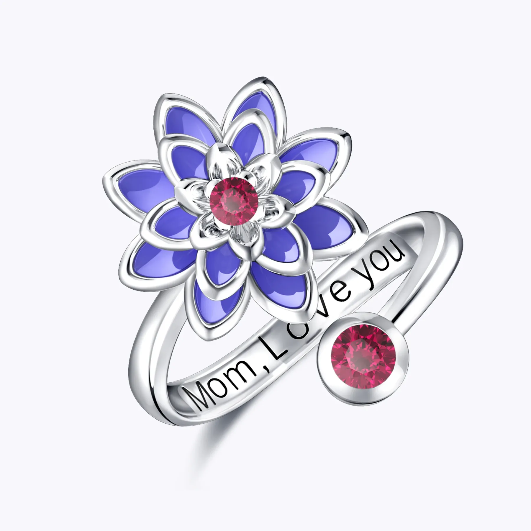 Whirling Blooms Collection Custom Spinning Birth Flower Open Twist Ring with Birthstone