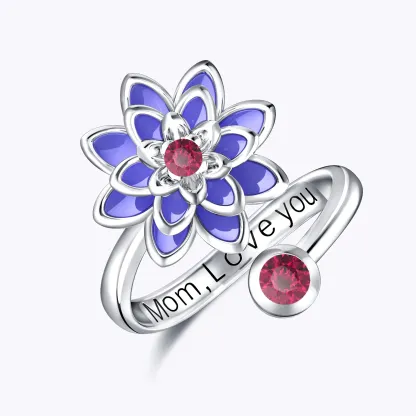 Whirling Blooms Collection Custom Spinning Birth Flower Open Twist Ring with Birthstone