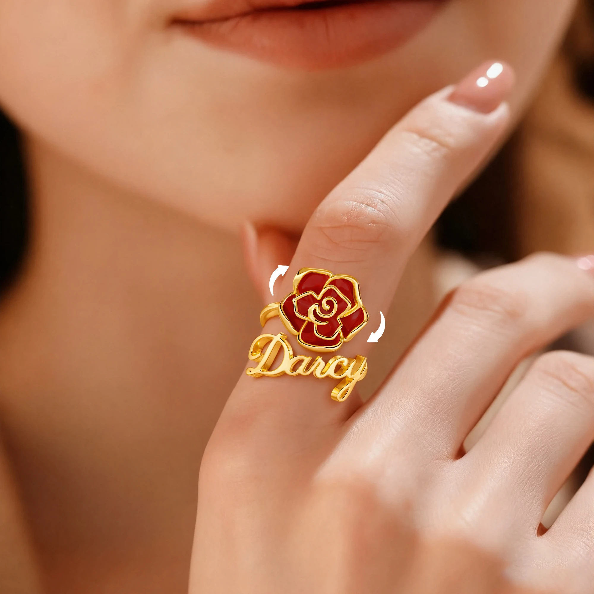 Whirling Blooms Collection Custom Spinning Birth Flower Open Twist Ring with Name