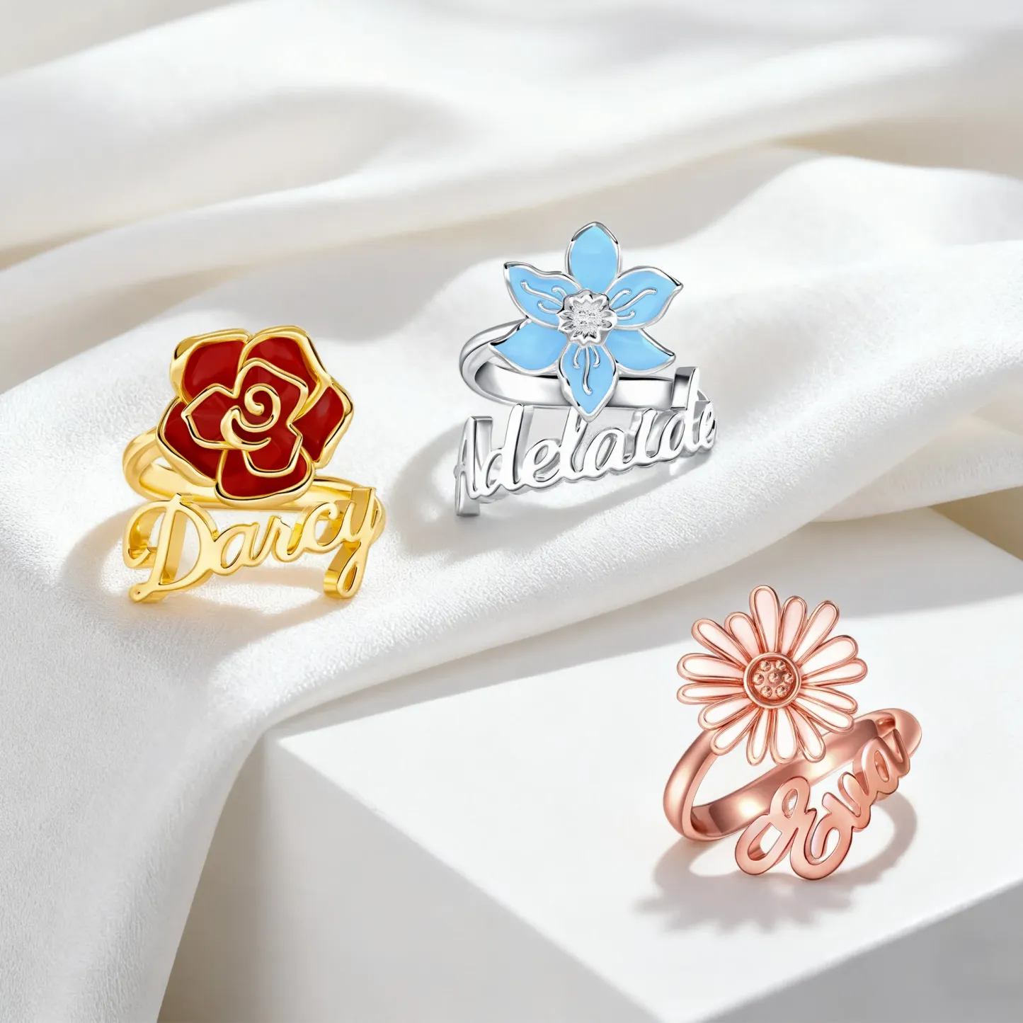 Whirling Blooms Collection Custom Spinning Birth Flower Open Twist Ring with Name