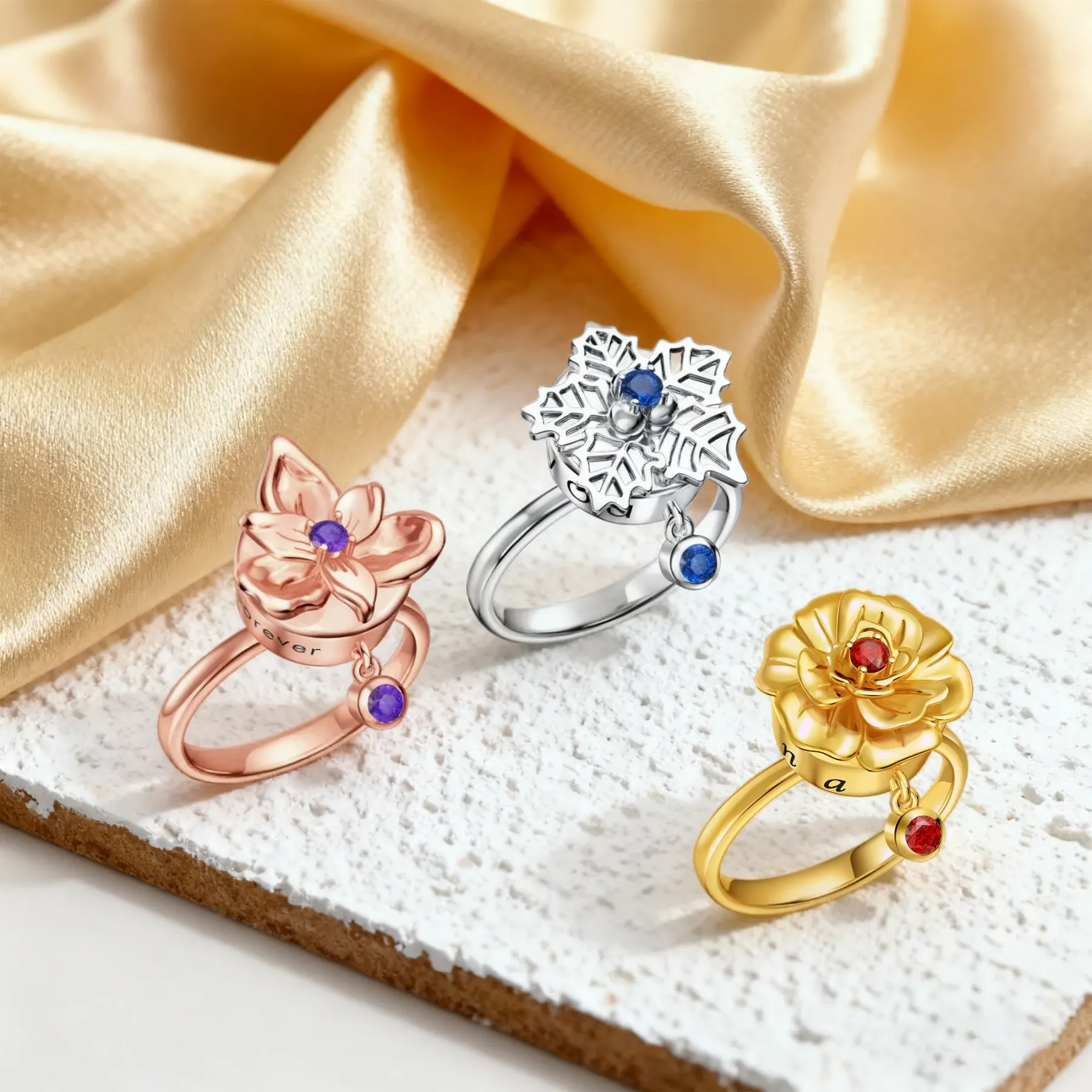 Whirling Blooms Collection Custom Spinning Birth Flower Ring with Birthstone