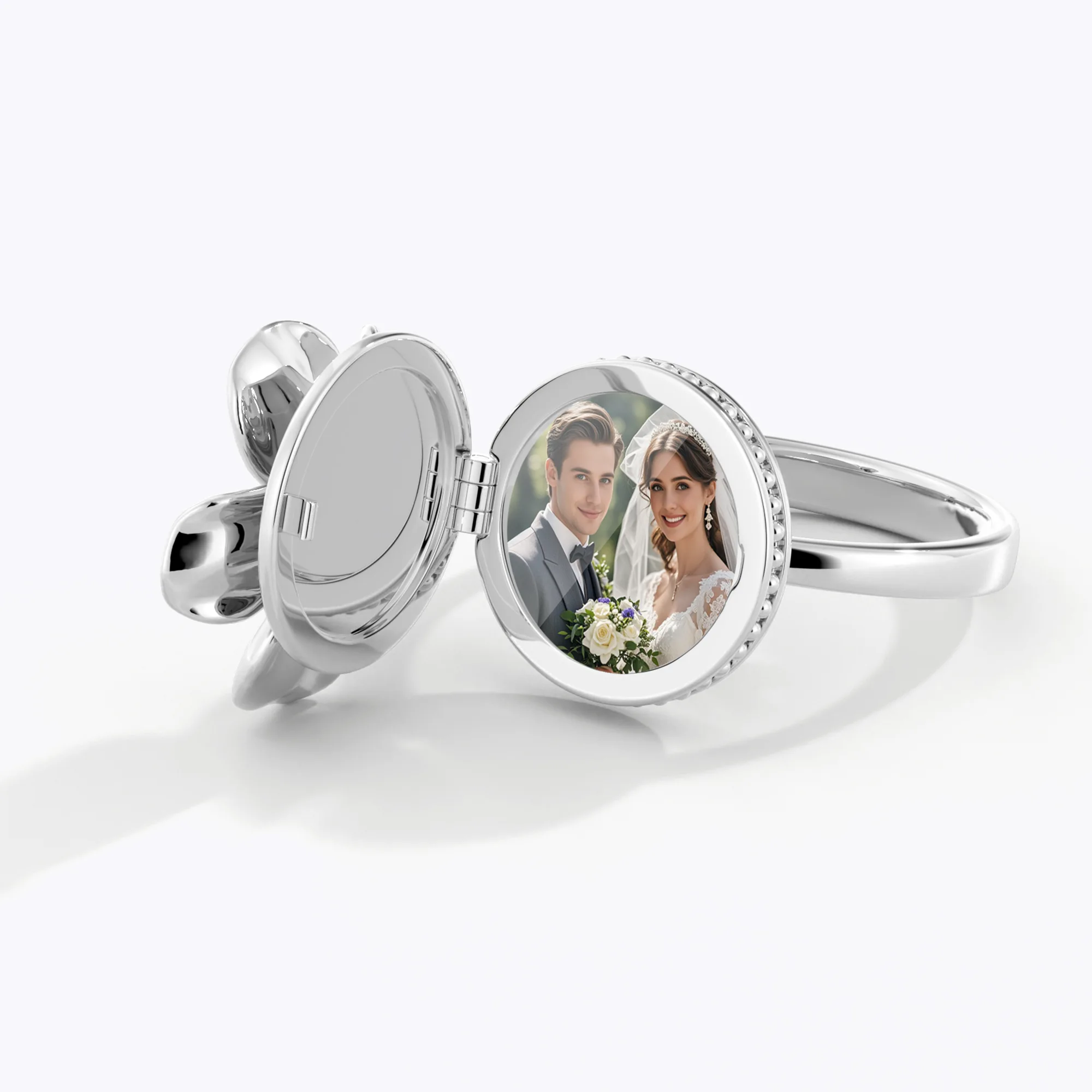 Custom Hidden Photo Birth Flower Locket Ring with Birthstone