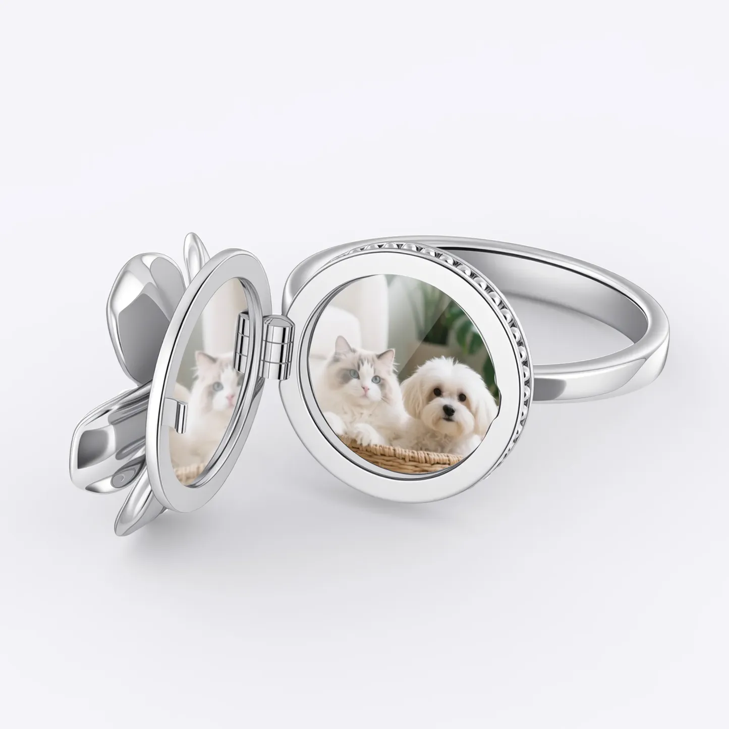 Custom Hidden Photo Birth Flower Locket Ring with Birthstone