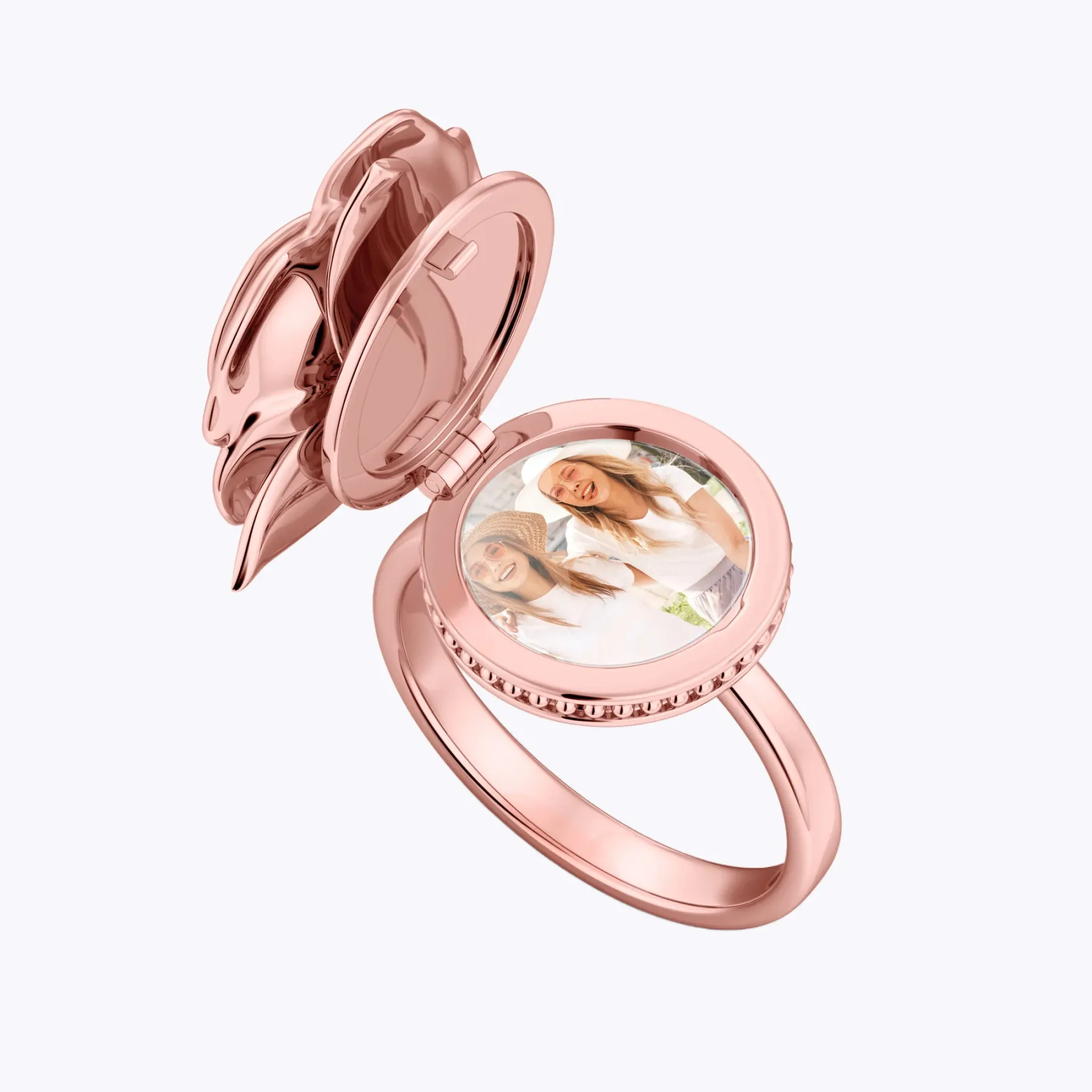 Custom Hidden Photo Birth Flower Locket Ring with Birthstone