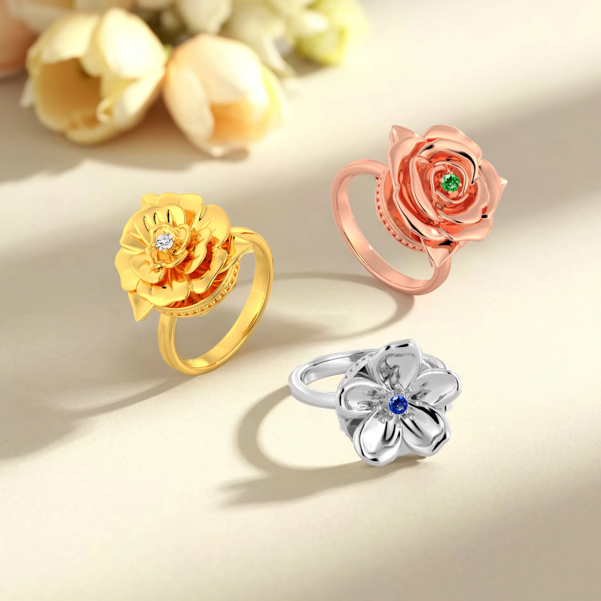 Custom Hidden Photo Birth Flower Locket Ring with Birthstone