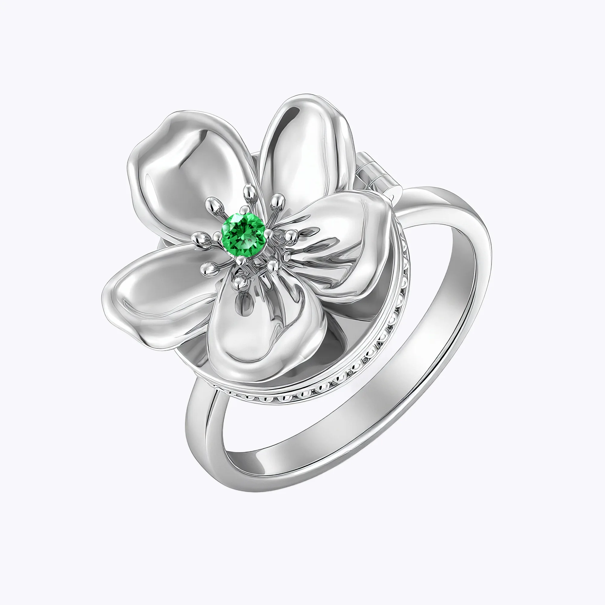 Custom Hidden Photo Birth Flower Locket Ring with Birthstone