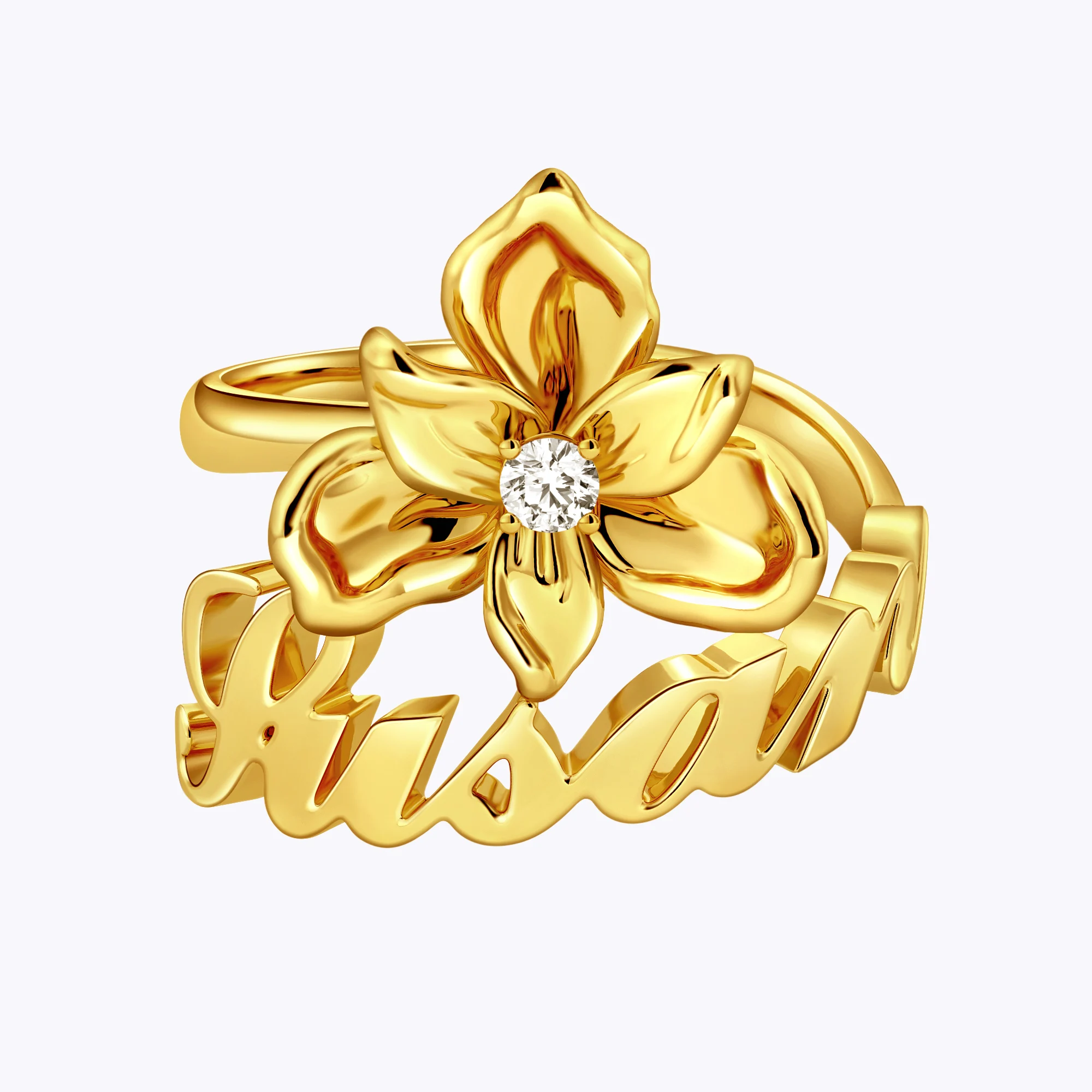 Custom Birth Flower with Birthstone Open Twist Name Ring