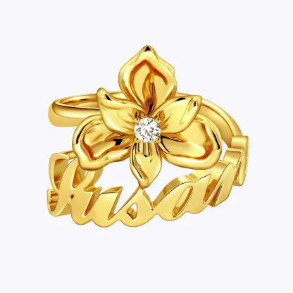 Custom Birth Flower with Birthstone Open Twist Name Ring