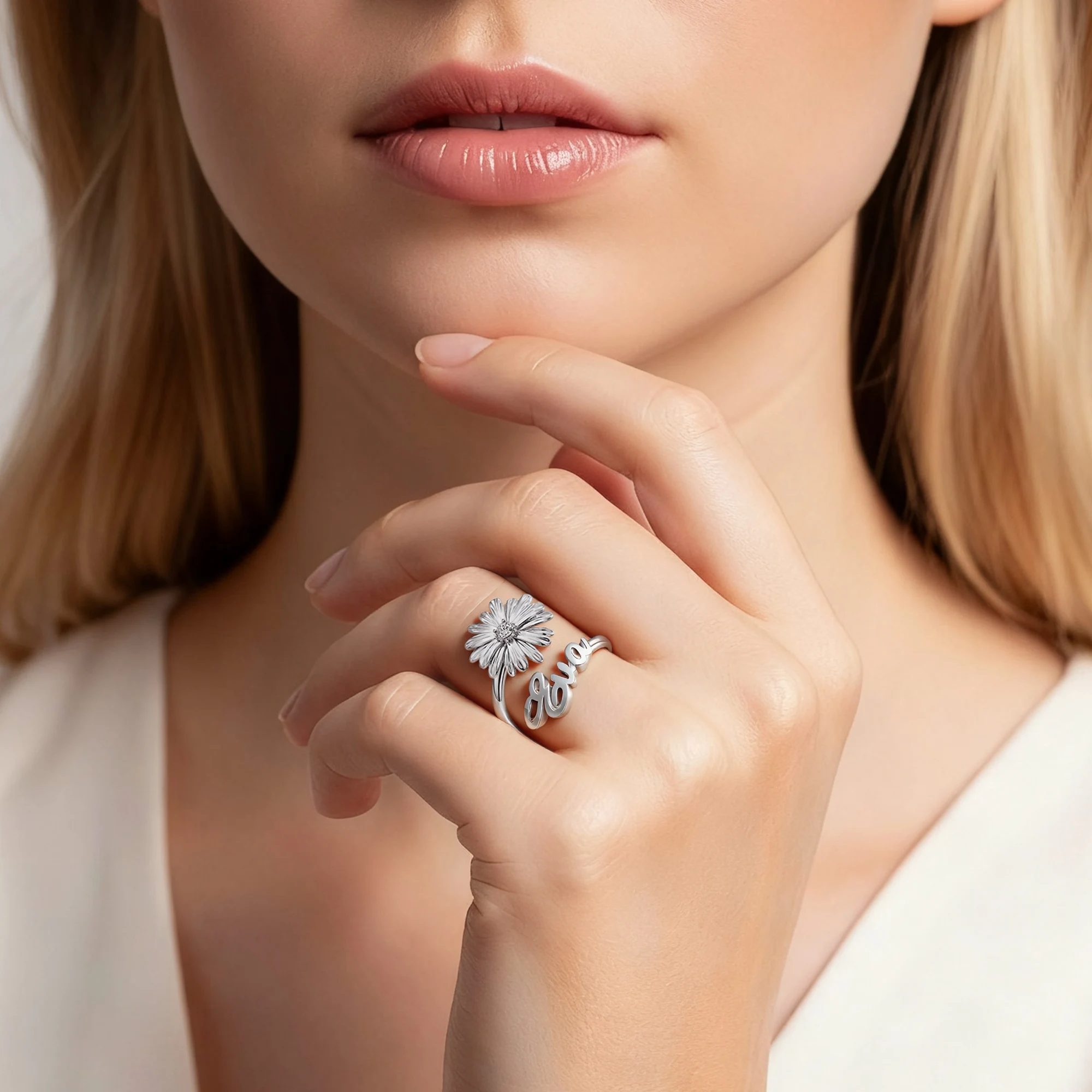 Custom Birth Flower with Birthstone Open Twist Name Ring