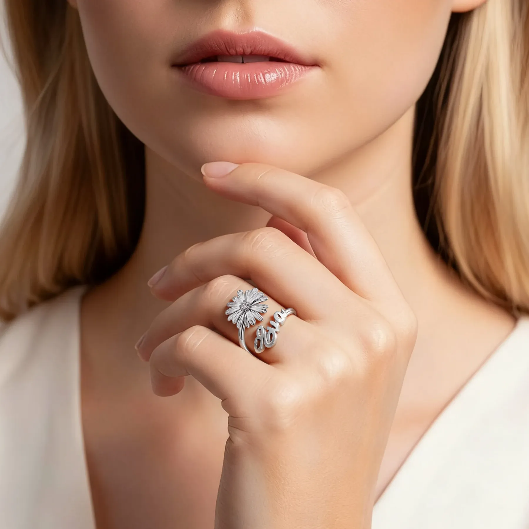 Custom Birth Flower with Birthstone Open Twist Name Ring