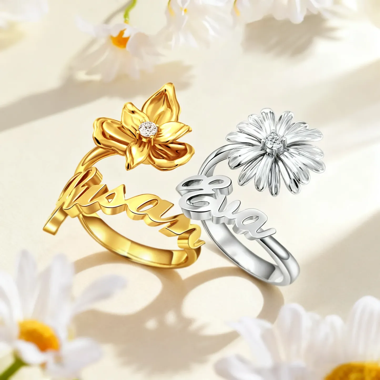 Custom Birth Flower with Birthstone Open Twist Name Ring
