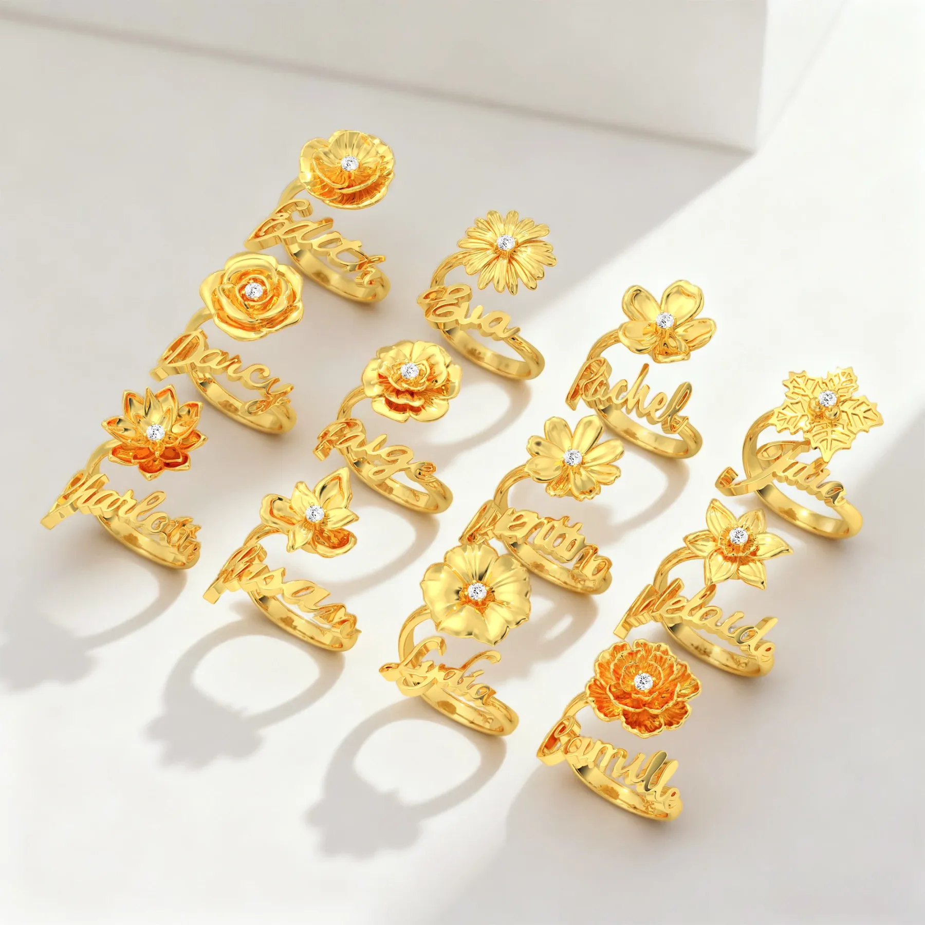 Custom Birth Flower with Birthstone Open Twist Name Ring