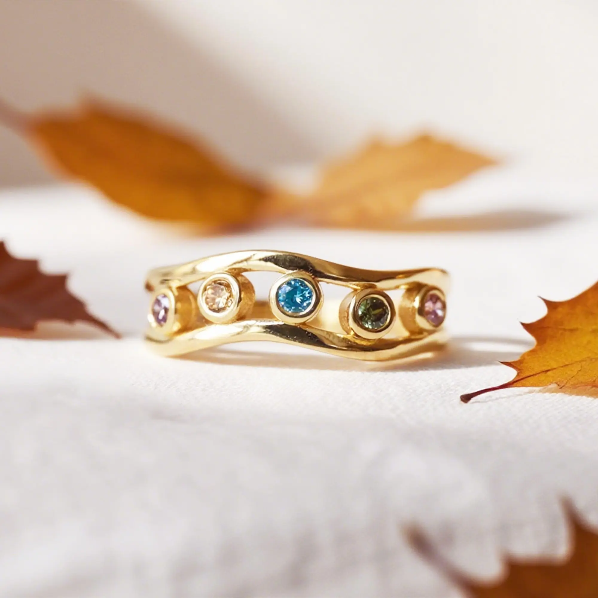 Custom 1-5 Round Birthstone Wave Ring-BY PROMISE-For Mom,Birthstone