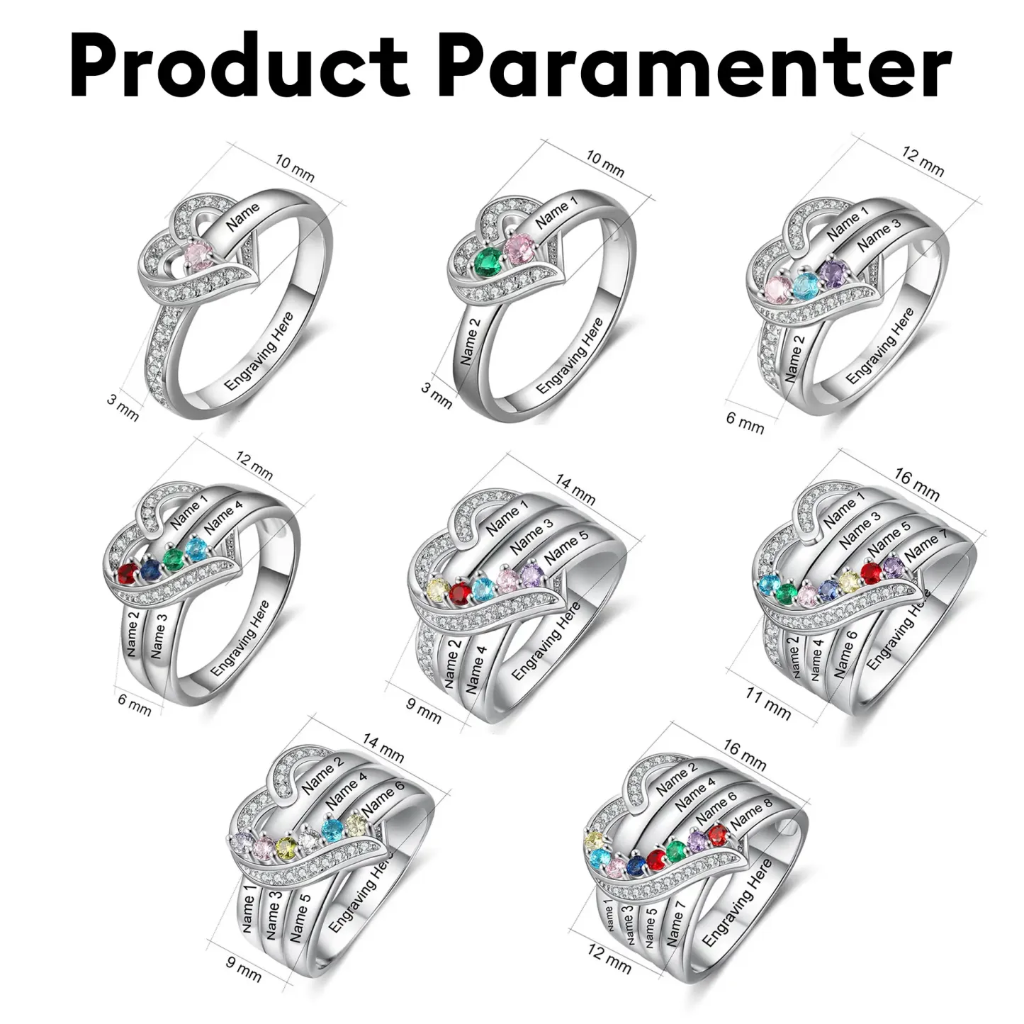 Custom 1-8 Round Birthstone Pavé Heart Name Ring-BY PROMISE-For Mom,Name,Birthstone