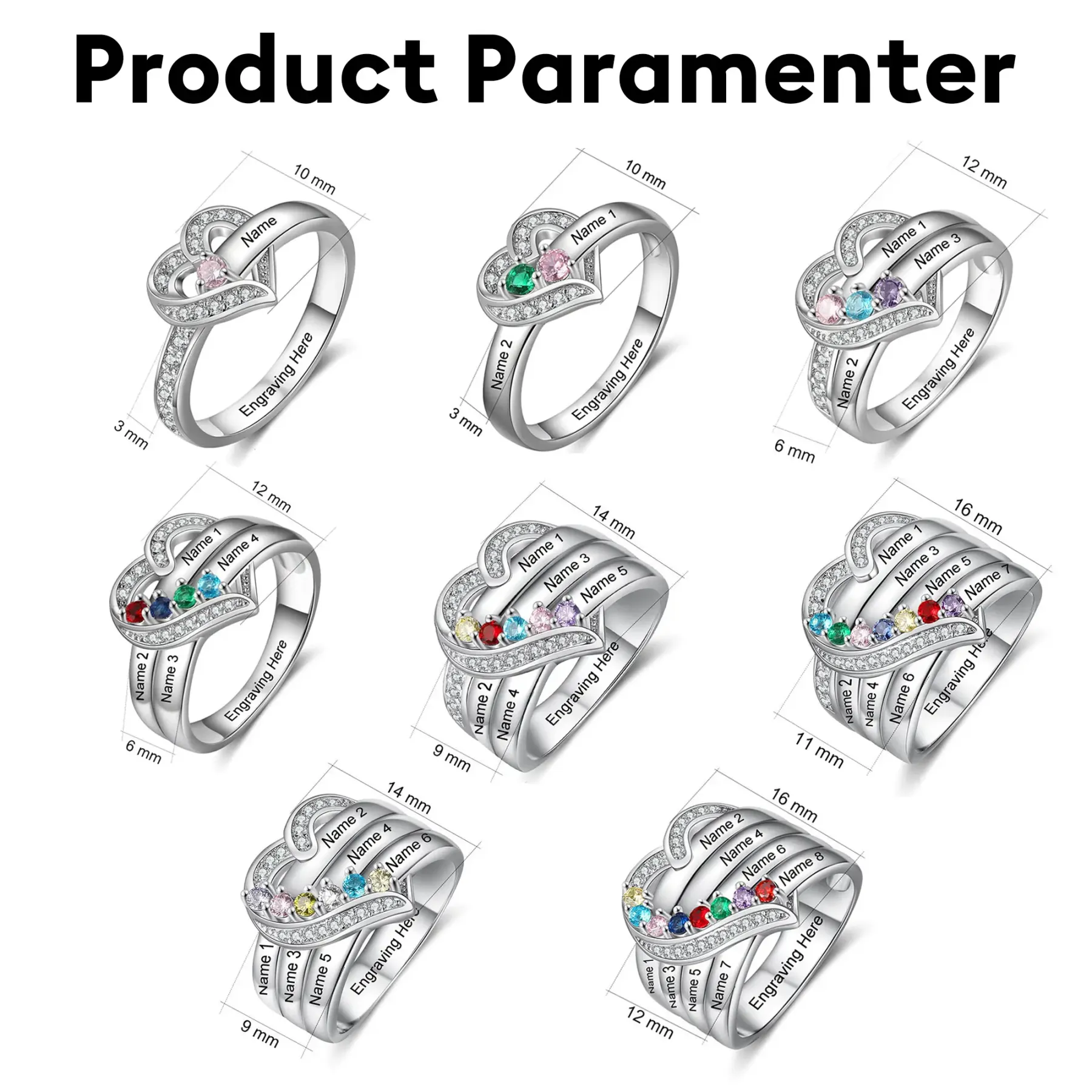 Custom 1-8 Round Birthstone Pavé Heart Name Ring-BY PROMISE-For Mom,Name,Birthstone