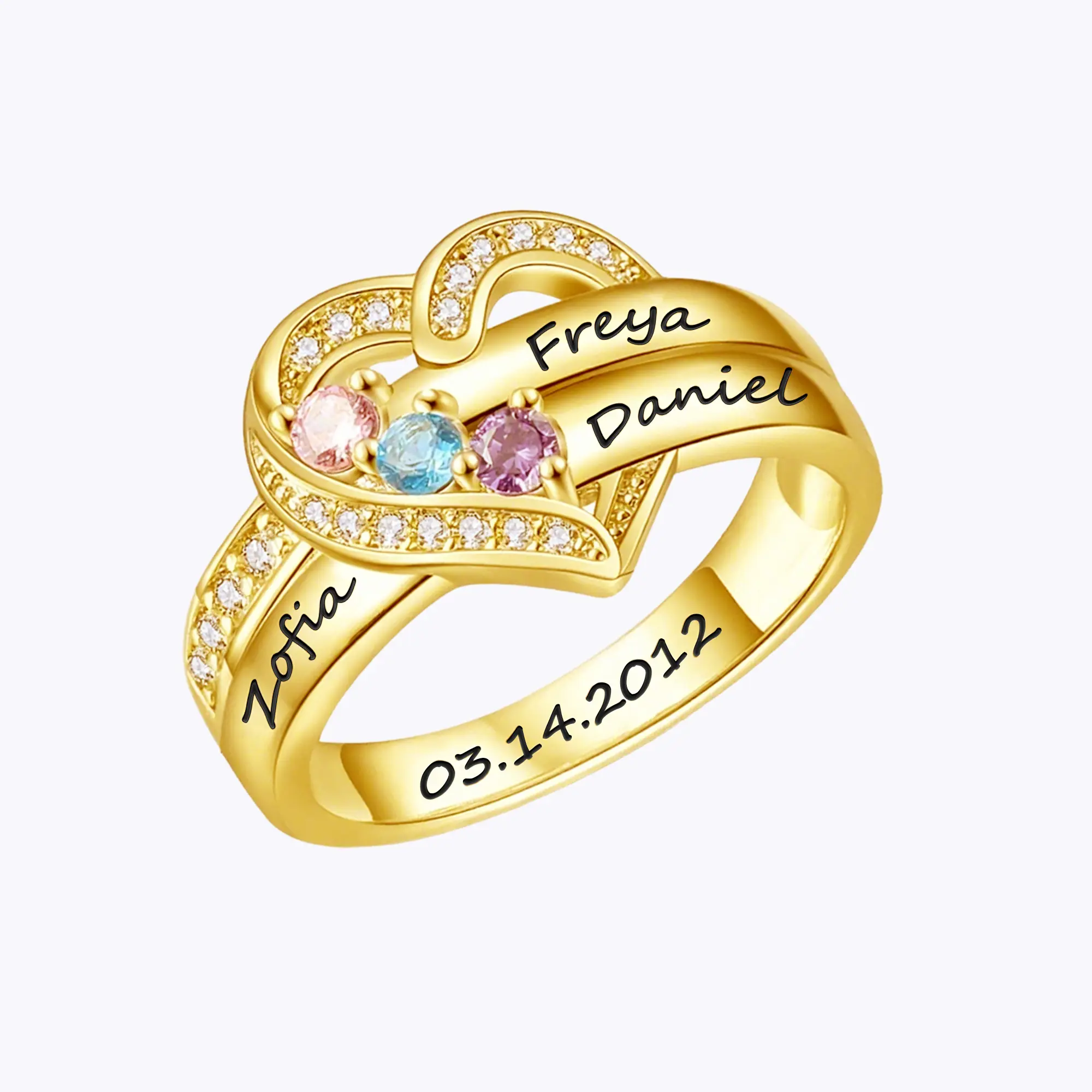 Custom 1-8 Round Birthstone Pavé Heart Name Ring-BY PROMISE-For Mom,Name,Birthstone