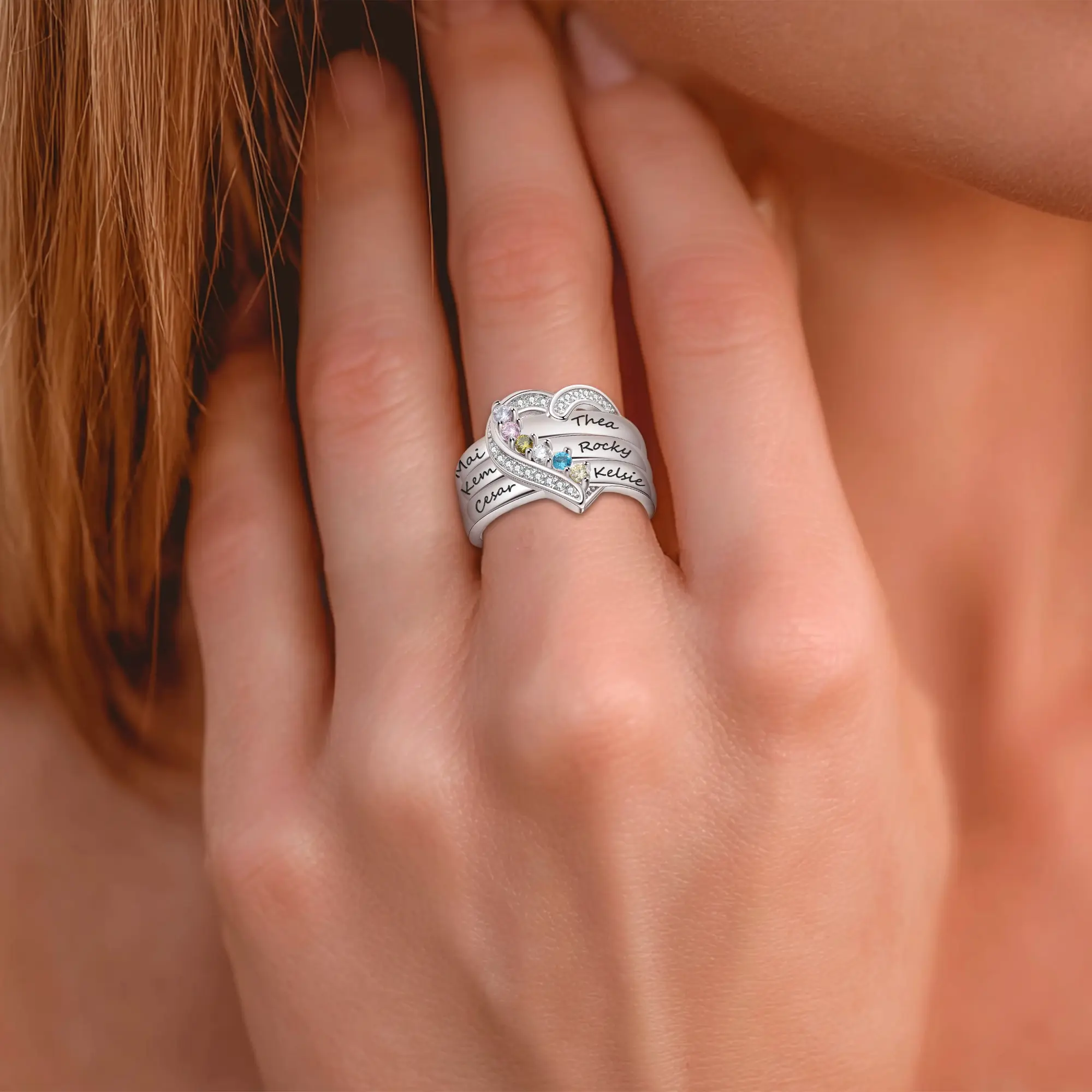 Custom 1-8 Round Birthstone Pavé Heart Name Ring-BY PROMISE-For Mom,Name,Birthstone