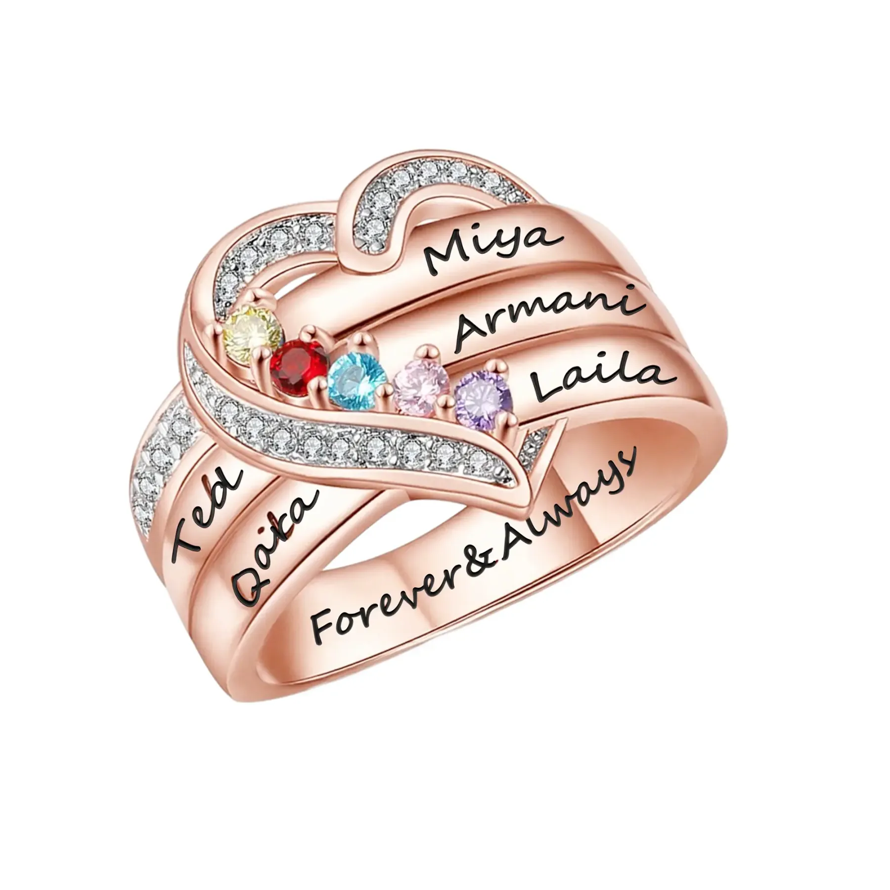 Custom 1-8 Round Birthstone Pavé Heart Name Ring-BY PROMISE-For Mom,Name,Birthstone