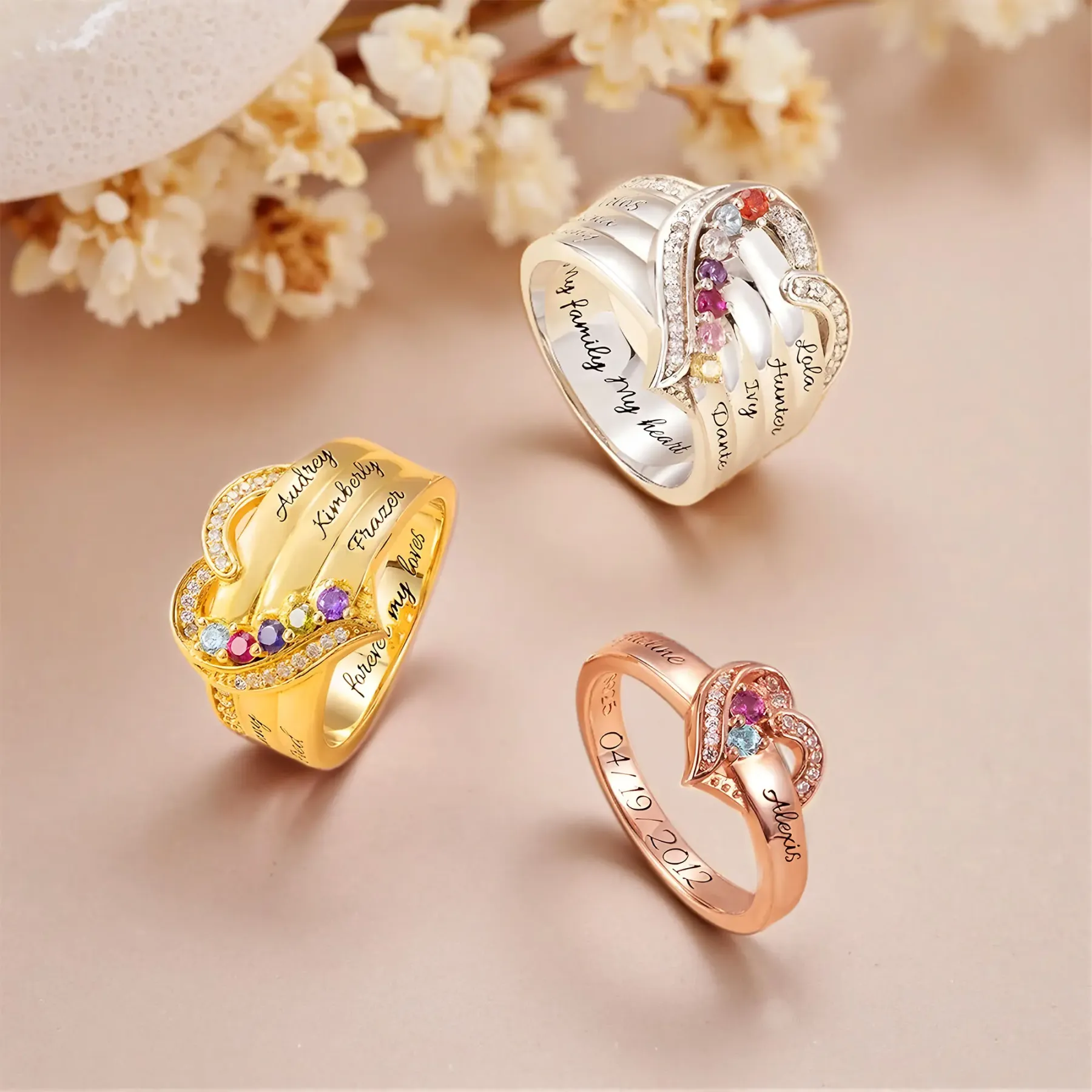 Custom 1-8 Round Birthstone Pavé Heart Name Ring-BY PROMISE-For Mom,Name,Birthstone