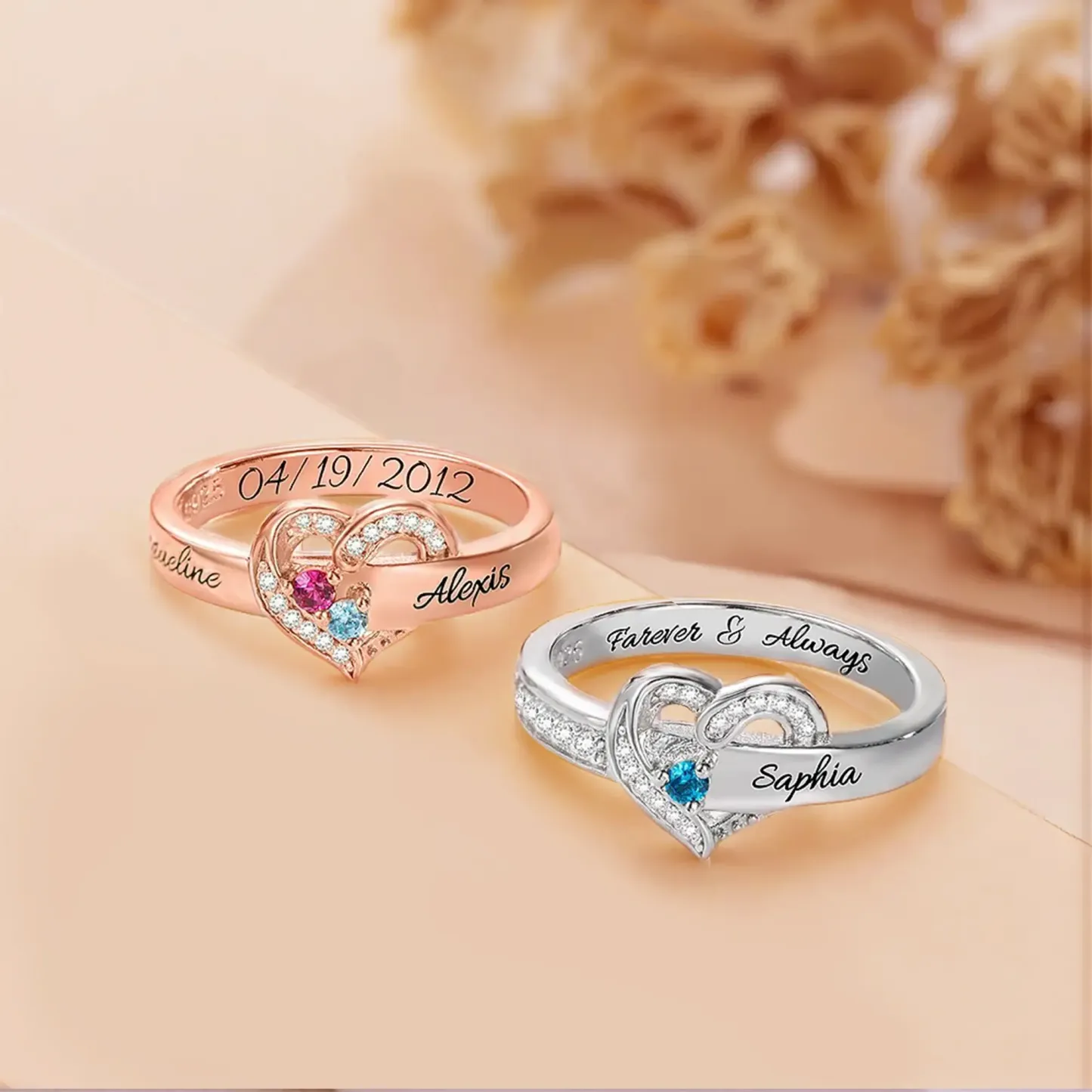 Custom 1-8 Round Birthstone Pavé Heart Name Ring-BY PROMISE-For Mom,Name,Birthstone