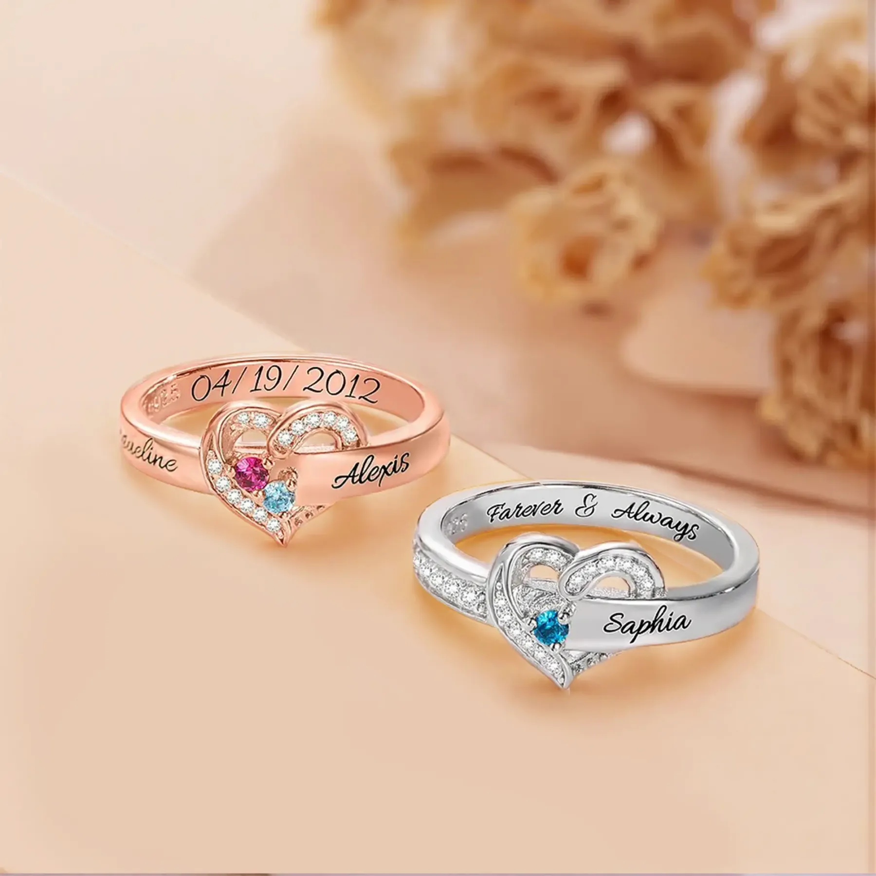 Custom 1-8 Round Birthstone Pavé Heart Name Ring-BY PROMISE-For Mom,Name,Birthstone