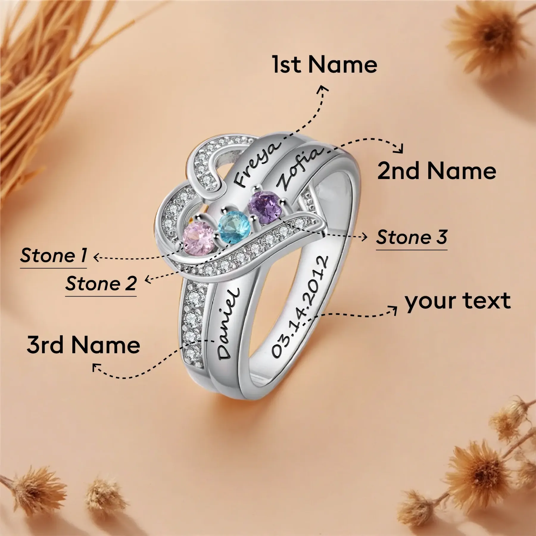 Custom 1-8 Round Birthstone Pavé Heart Name Ring-BY PROMISE-For Mom,Name,Birthstone