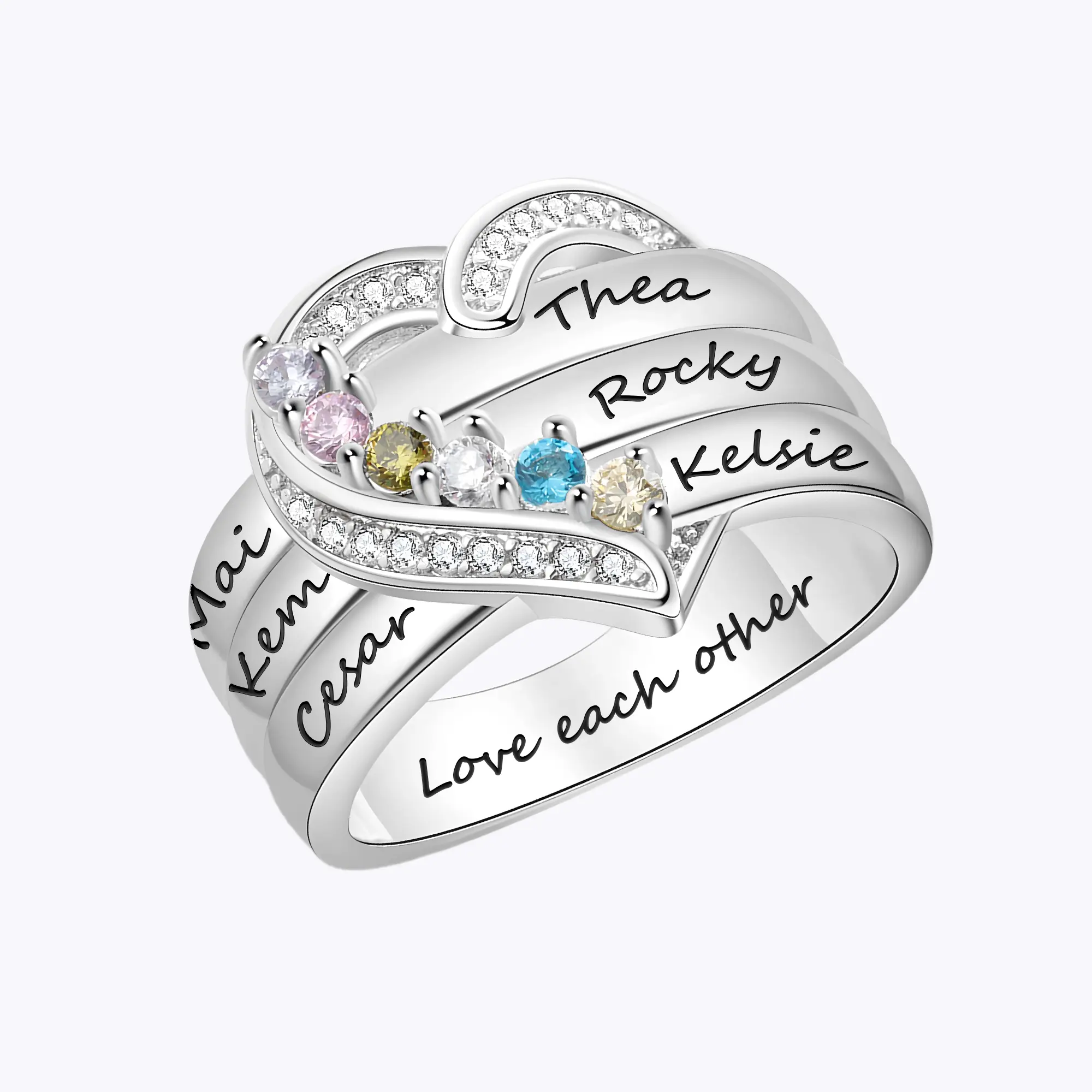 Custom 1-8 Round Birthstone Pavé Heart Name Ring-BY PROMISE-For Mom,Name,Birthstone