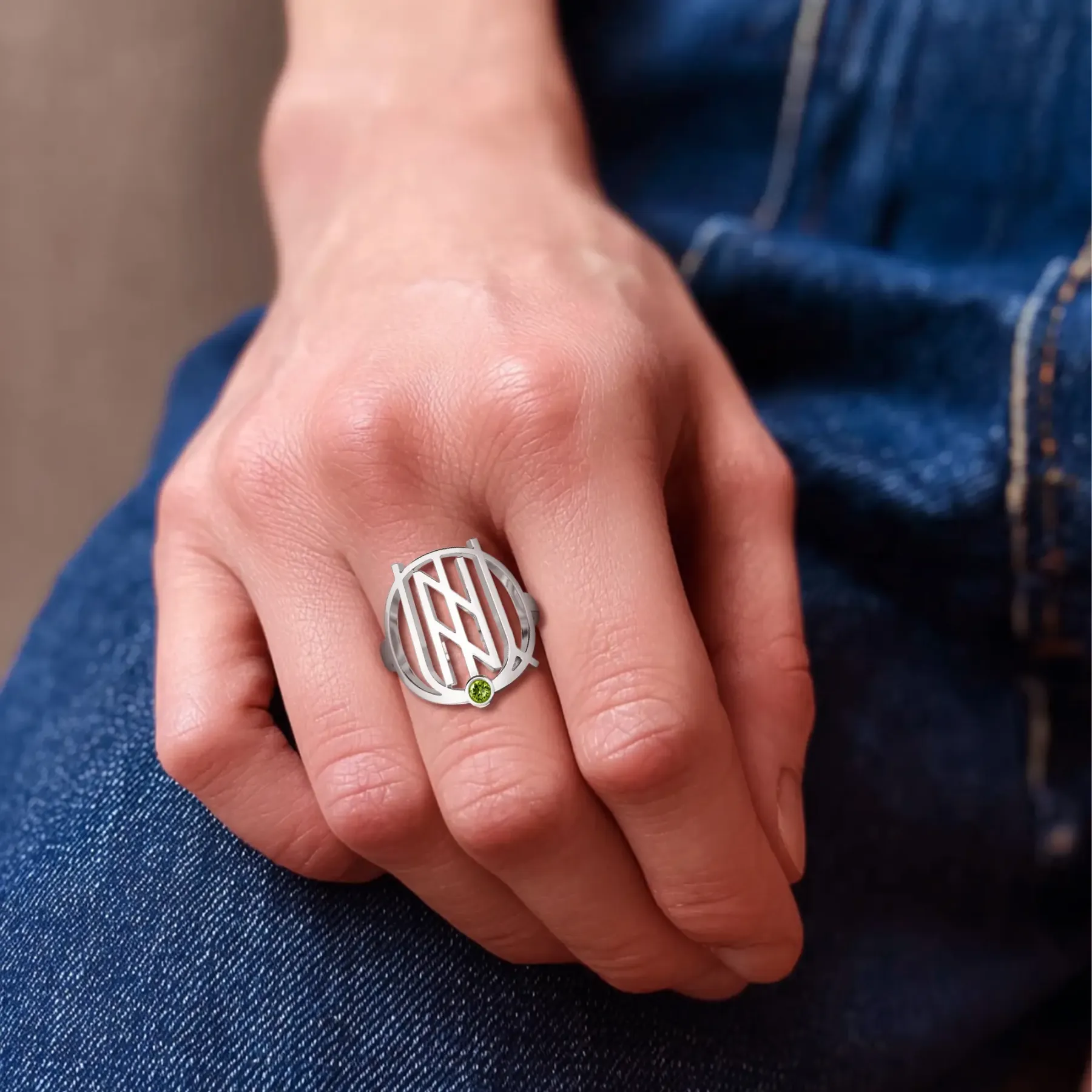 Geo Code Custom Name Logo Monogram Ring with Round Birthstone