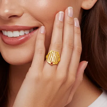 Geo Code Custom Name Logo Monogram Ring with Round Birthstone