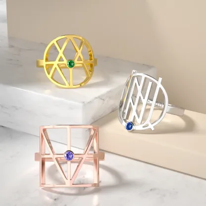 Geo Code Custom Name Logo Monogram Ring with Round Birthstone