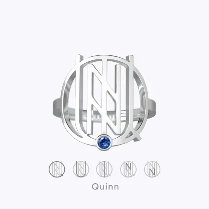 Geo Code Custom Name Logo Monogram Ring with Round Birthstone