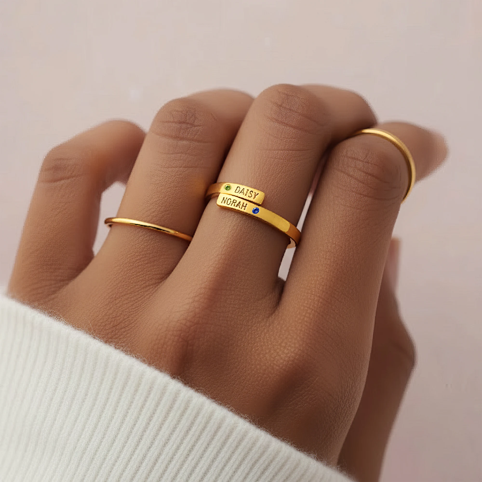 Custom Double Name with Round Birthstone Rings