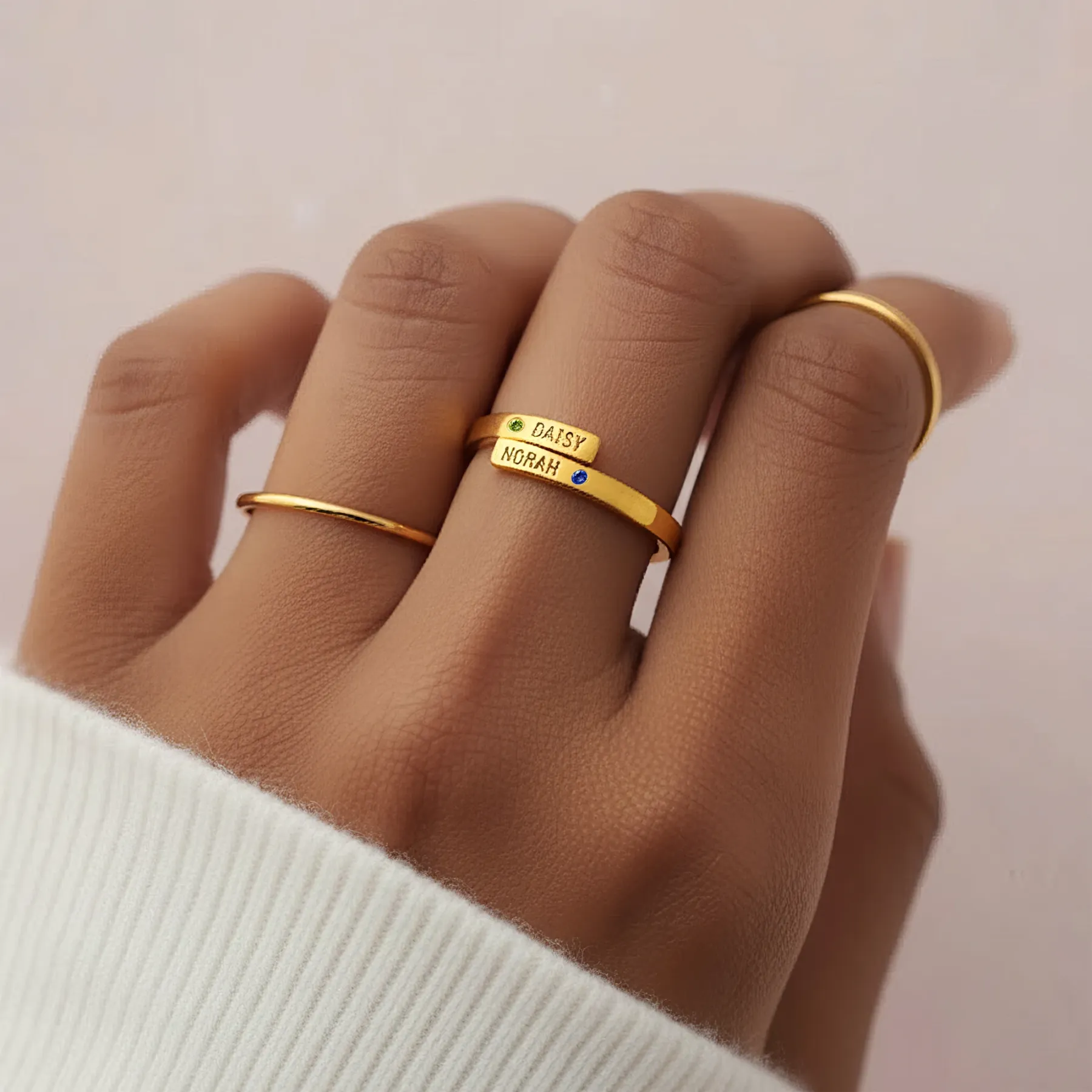 Custom Double Name with Round Birthstone Rings