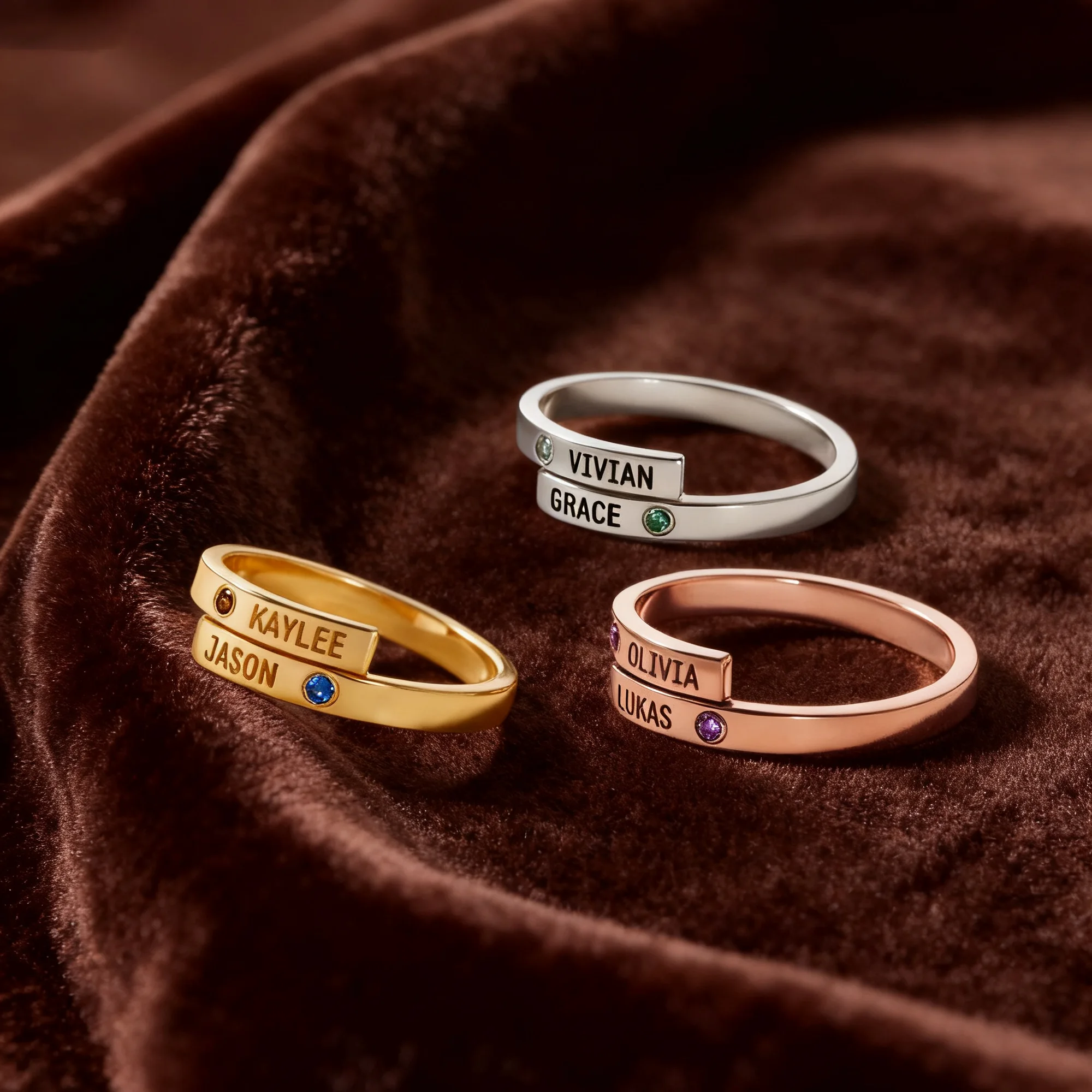 Custom Double Name with Round Birthstone Rings
