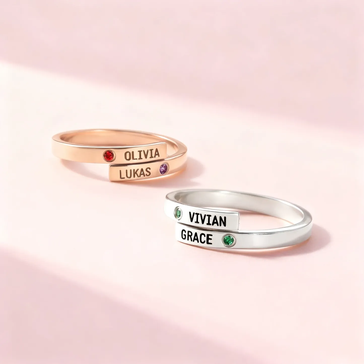 Custom Double Name with Round Birthstone Rings