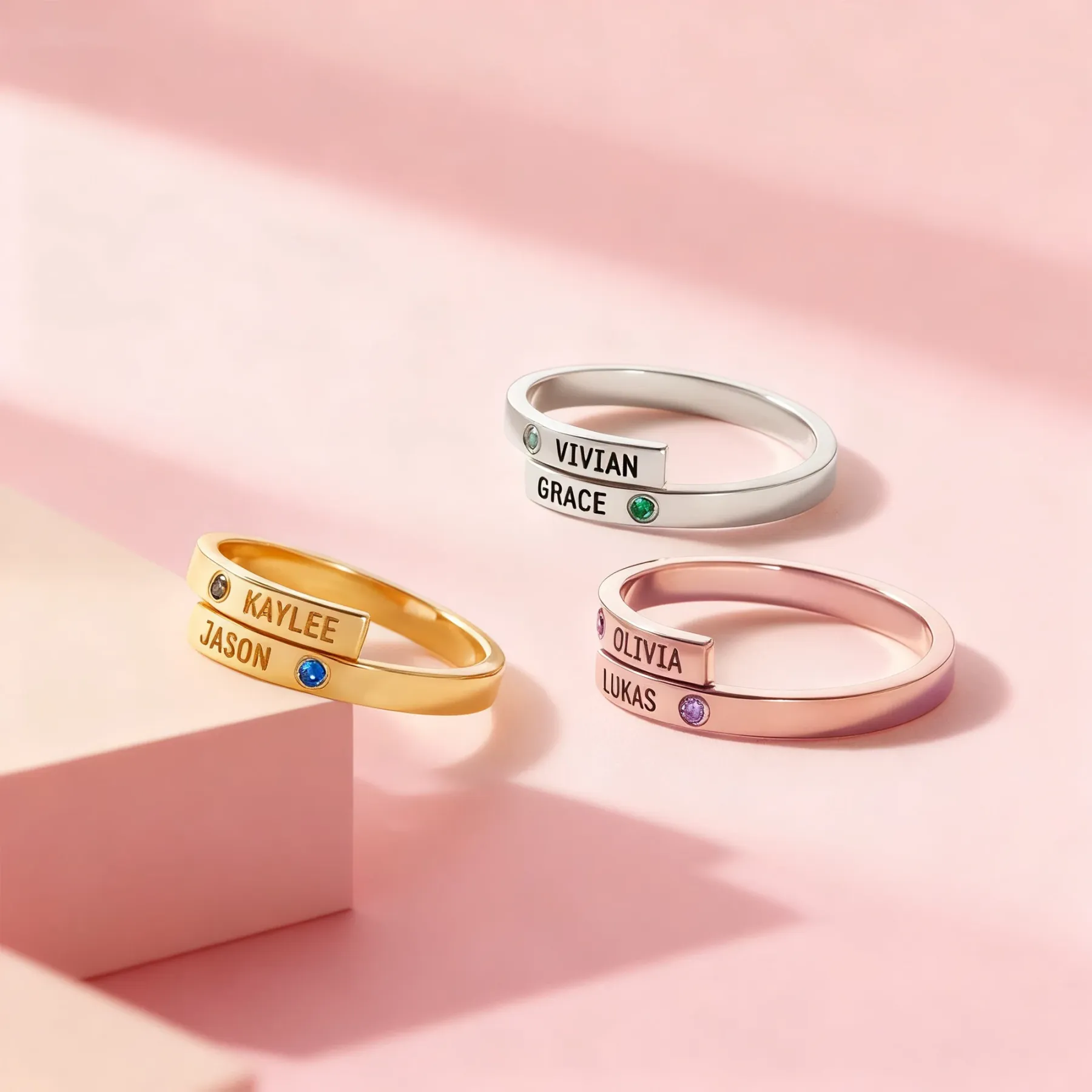 Custom Double Name with Round Birthstone Rings