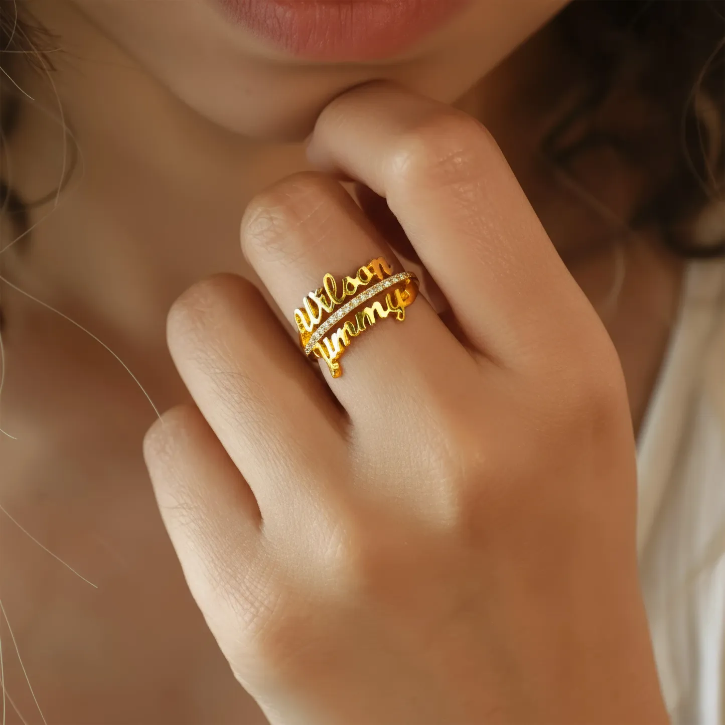 Custom Double Names Ring with Pavé Birthstone Accents