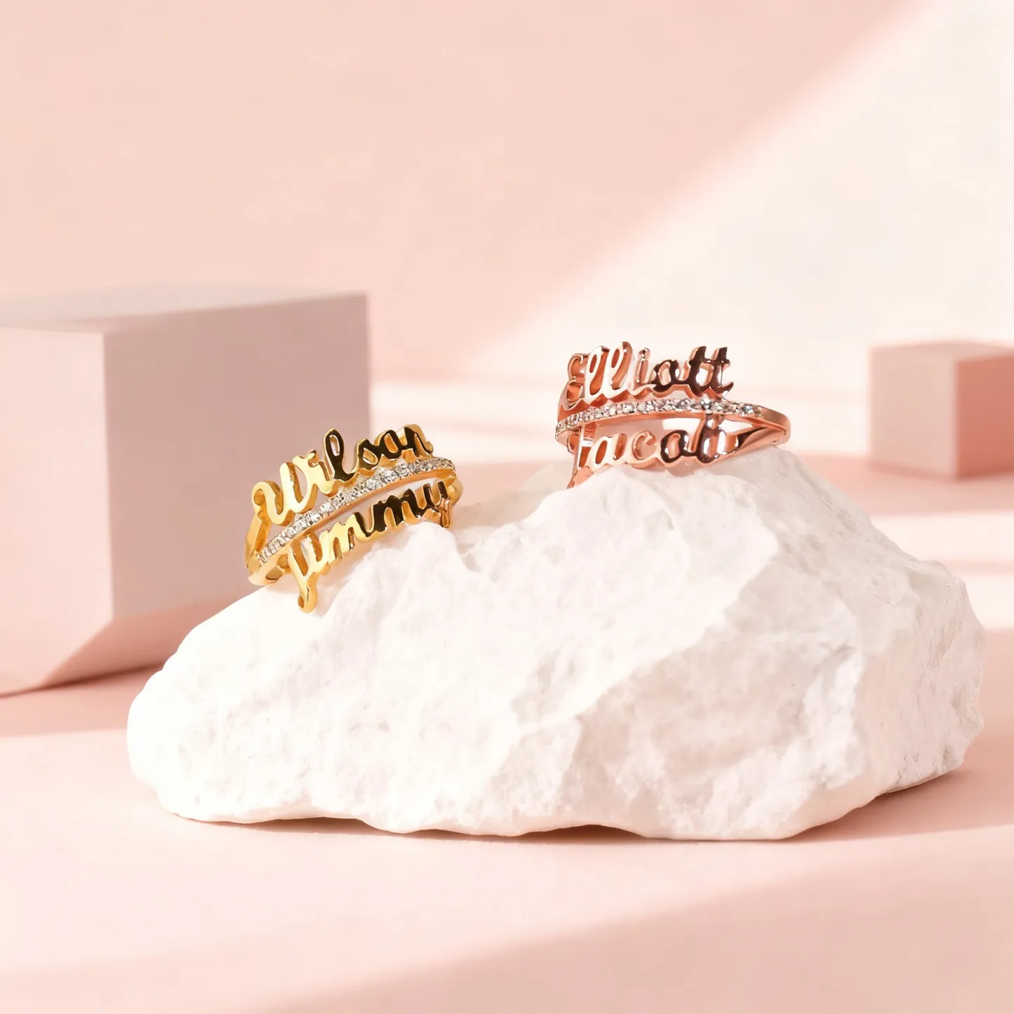 Custom Double Names Ring with Pavé Birthstone Accents