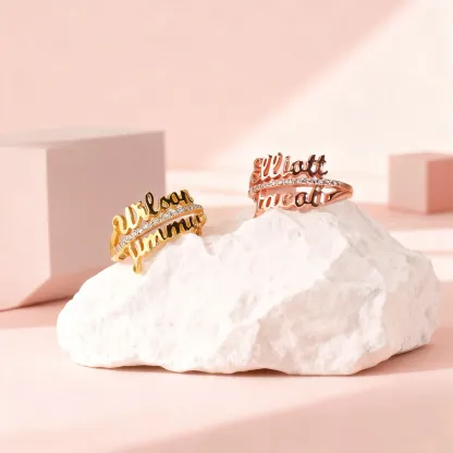 Custom Double Names Ring with Pavé Birthstone Accents