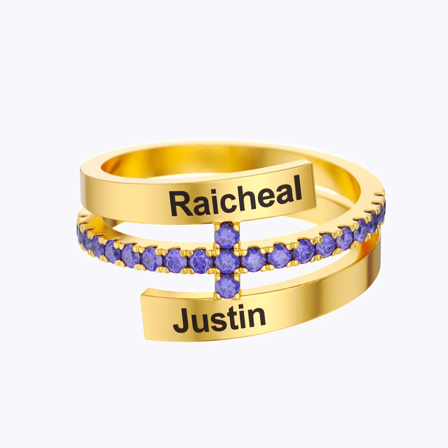 Custom Double Names Open Ring with Pavé Birthstones Accents