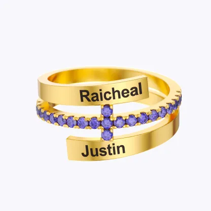 Custom Double Names Open Ring with Pavé Birthstones Accents