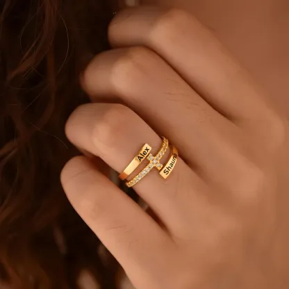 Custom Double Names Open Ring with Pavé Birthstones Accents