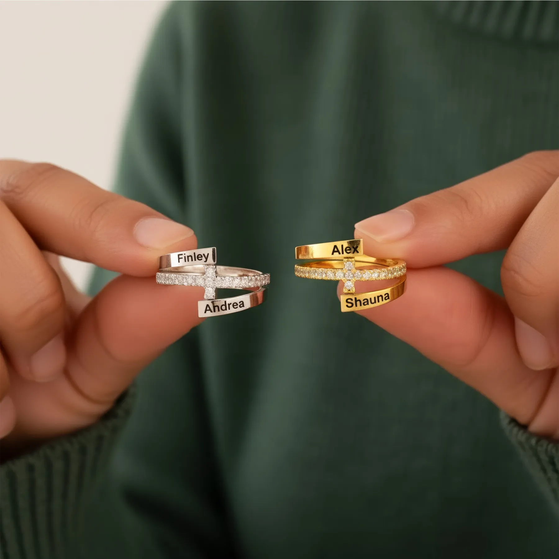 Custom Double Names Open Ring with Pavé Birthstones Accents