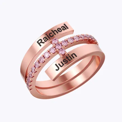 Custom Double Names Open Ring with Pavé Birthstones Accents