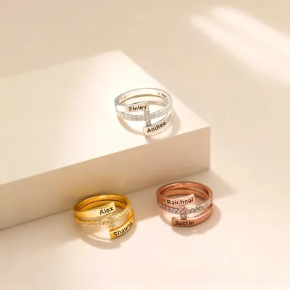 Custom Double Names Open Ring with Pavé Birthstones Accents