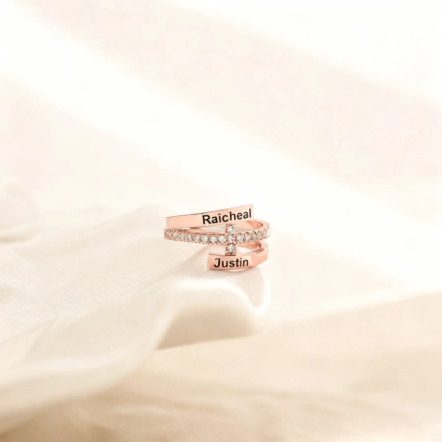 Custom Double Names Open Ring with Pavé Birthstones Accents