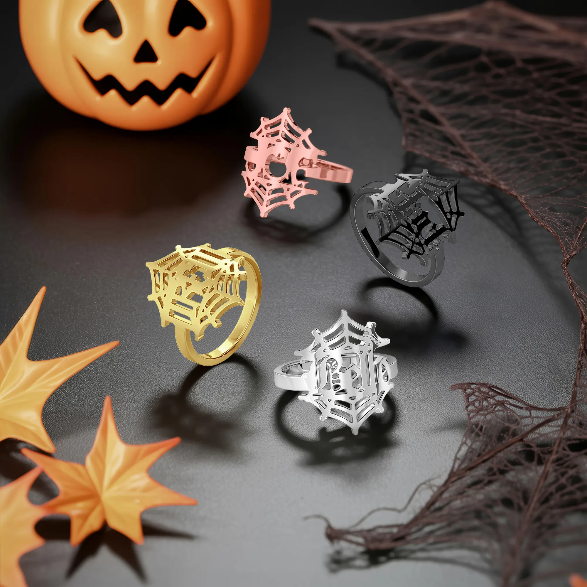Personalized Halloween Spider Gothic Name Necklace and Cobweb Name Ring Set